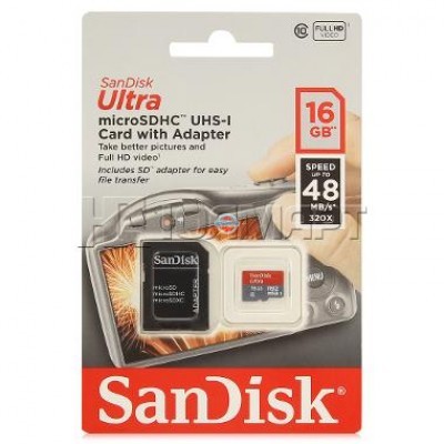 Карта памяти microSDHC 16GB SanDisk Ultra Class 10 UHS-I 48 MBs без SD адаптера