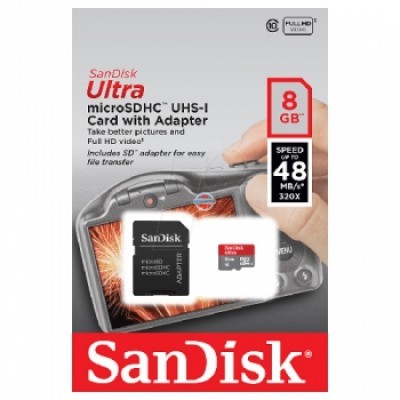 Карта памяти microSDHC 8GB SanDisk Ultra adapter Class 10 UHS-I 48 MBs SD адаптер